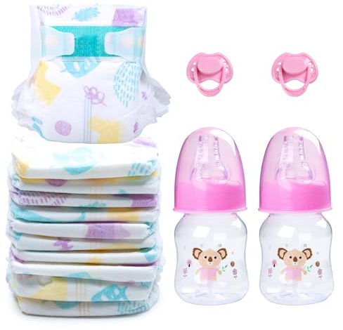 14 pcs Reborn Baby Doll Accessories with Feeding Set - Includes 10 Reborn Baby Doll Diaper , 2 Feeding Bottles and 2 Babydolls Pacifier Accessories