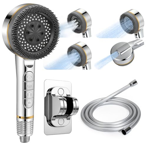 Alcachofa de Ducha con Filtro Cabezal de Ahorro de Alta Presión con 4 Modos Multifunción Ducha de Mano Antical Duchadora de Mano Shower Head con 1,5M Manguera y Soporte (Plata)