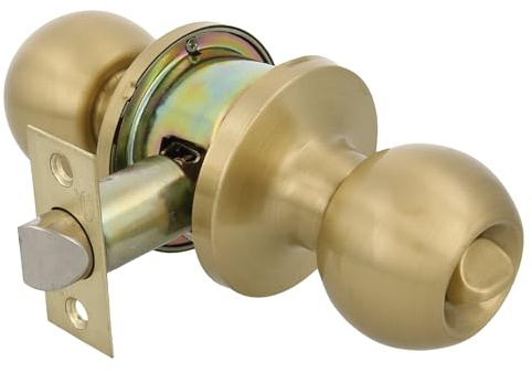 Amig - Juego de pomos tipo bola, Sistema de Emergencia Exterior y Condena Interior, Picaporte de entrada 60/70 mm, Canto cuadrado, Latón, Dorado Mate, Puerta Interior de 35 a 45 mm