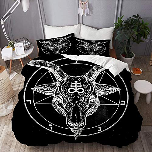 PENGTU Bettwäsche-Set, Mikrofaser,Pentagramm mit Dämon Baphomet Satanic-Ziegen-Kopf-binäres Symbol-Tätowierungs-Retro- Musik,1 Bettbezug 200 x 200cm+ 2 Kopfkissenbezug 80x80cm
