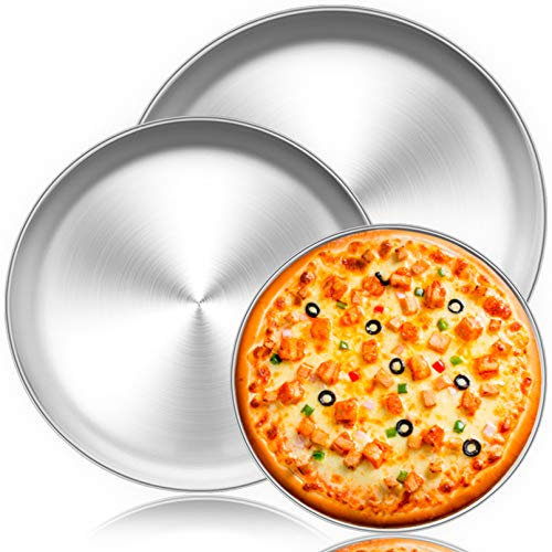 TeamFar Pizza-Pfanne, 25,4 cm & 30,5 cm & 34 cm, 3-teiliges Pizza-Pfannen-Set aus Edelstahl, runde Pizzaofen-Pfannen zum Backen, Servieren, gesund und rostfrei, robust und spülmaschinenfest