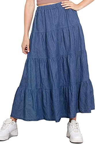 Van Der Rich ® - Falda Vaquera Larga con Cintura elástica - Mujer (Azul Medio, L-XL)
