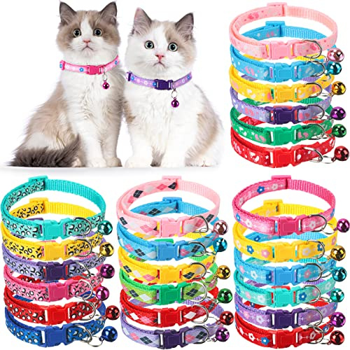 Yunsailing 24 Pcs Cat Collars with Bells for Litter Cat Puppy Soft Nylon Whelping Adjustable Reflective Kitten Collars for Newborn Pets Dogs Kitten, Assorted Colors(Cute Pattern)
