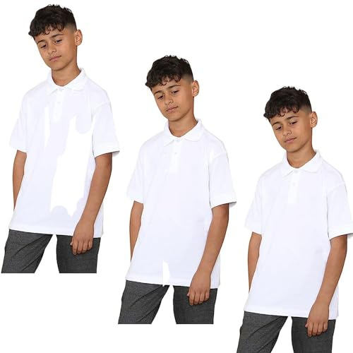 KHIM Unisex Polo Short Sleeve Polycotton Boys Girls School Uniform Plain Half Sleeve Shirts Sports Wear Indoor Outdoor (UK, Age, 13 Years, 14 Years, Regular, White 3 Pack)