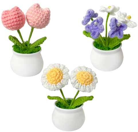 Rimvoe 3pcs Crochet Flower Pot, Daisy Tulips and Forget Me Not Small Potted Flowers, Gifts for Mom Wife on Mothers Day Valentines, Cute Desk Decor for Women Office Car Dashboard