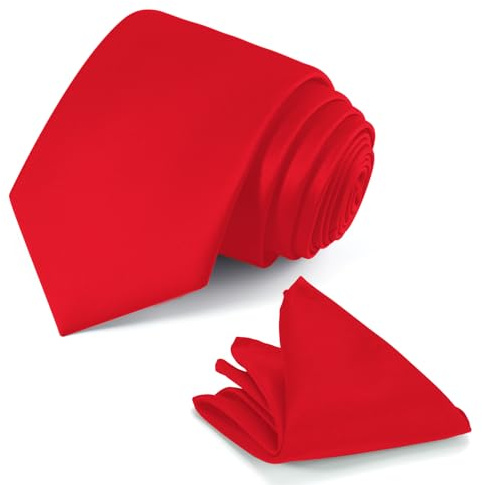 JUNMEISI Juego de corbata negra en caja de regalo para hombre, color sólido, 8 cm, corbata negra y pañuelo de bolsillo, Rojo -, Medium