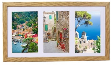 BD ART Marco de fotos collage 18 x 35 cm para tres fotos con paspartú de 10 x 15 cm, roble, con plexiglás, madera MDF, moderno marco de fotos para colgar en la pared o para colocar en un armario