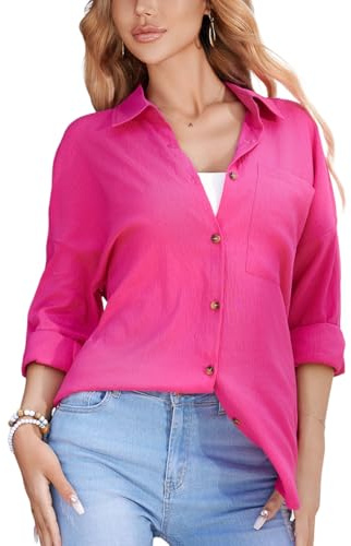 Stamain Hot Pink Blouses for Women UK Casual Summer Ladies Button Up Shirt Long Sleeve Blouses & Shirts for Beach Holiday Office Work M