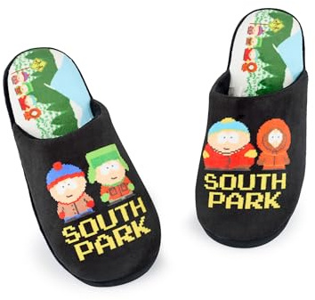 South Park Mens Slippers | Adults Slip-On Mules in Black with Cartman, Kenny, Stan & Kyle Pixel Text Print | All Over Footbed Print House Shoes | Comedy Cartoon Indoor Bedroom Loungewear Gift