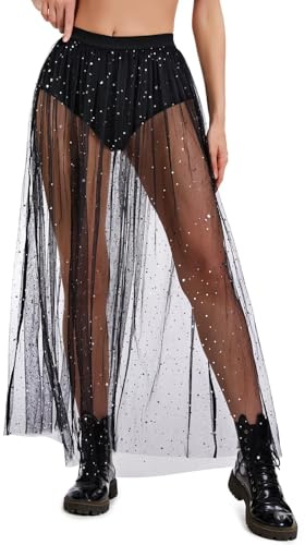 JasGood Gonna in Maglia Trasparente 2 in 1 per Donna - Gonna in Tulle Nero con Paillettes con Short con Paillettes - Vita Alta - Per Streetwear, Clubwear e Festival Musicali, S