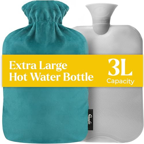 Qomfor Bouillotte Eau Chaude (3L) XXL avec Housse en Polaire Douce – Bouillotte Douce Réutilisable pour Réchauffement du Lit, Dos et Menstruation – Grande Bouillotte Doudou (Vert/Bleu)