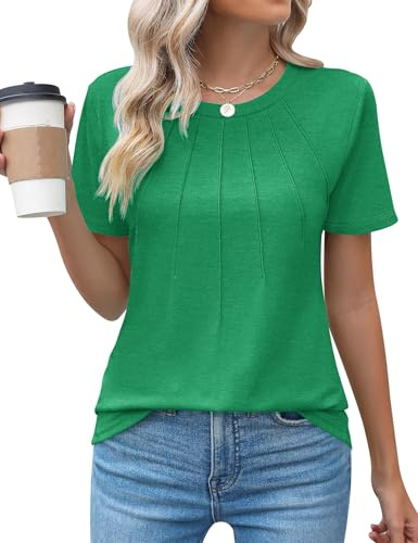 Zeagoo Blusas Mujer Verano Manga Corta Camisetas Mujer Verano Cuello Redondo Blusas Verano Cuello Redondo Pliegue Blusas Verde XL