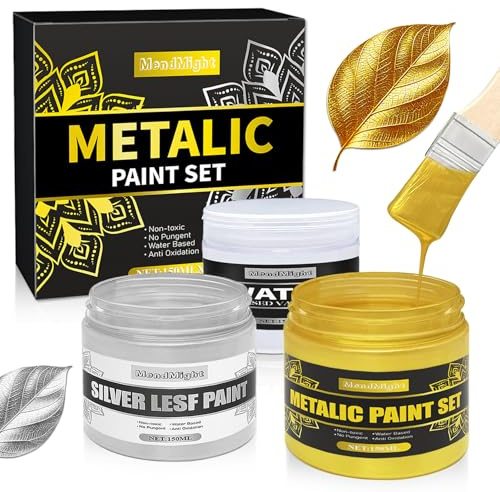 MendMight Silver & Gold Acrylic Paint Metallic Set, 150ml Water-Based Silver Gold Paint for Crafts, Painting, Handcrafts, Fabric, Wood, Non-Toxic Golden Acrylic Paints with Varnish and Accessories