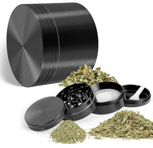 Generisch dY8x1- Grinder Crusher Ø 4.9cm mit Pollen Scraper, 4-teilige Kräutermühle aus Edelstahl – Manueller Gewürz Crusher für Tabak, Gewürze, Kräuter – Kompakt & Langlebig Gewürzmühle (Schwarz)