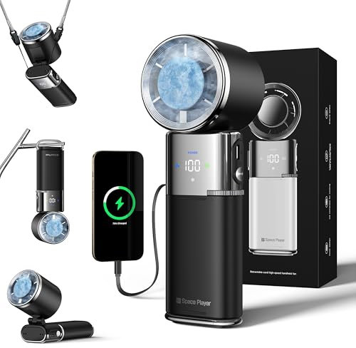 SP Space Player Tragbarer Handventilator mit Turbo-Lüfter und Eiskühlung, 9000mAh handventilator akku aufladbar, 100 Geschwindigkeitsstufen, Typ-C-Kabel, LED-Display, 135° neig- und faltbar - Schwarz