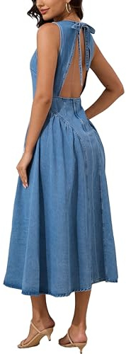 YEXPINE Robe longue en jean sans manches dos nu pour femme - Décontractée - Coupe trapèze