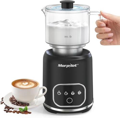 Morpilot Milk Frother, Montalatte Elettrico in Vetro, 4 in 1 Funzione, Bello da Vedere, Capacità 300ml Cappuccino o 600 ml Latte Caldo, Design Diviso, Nero