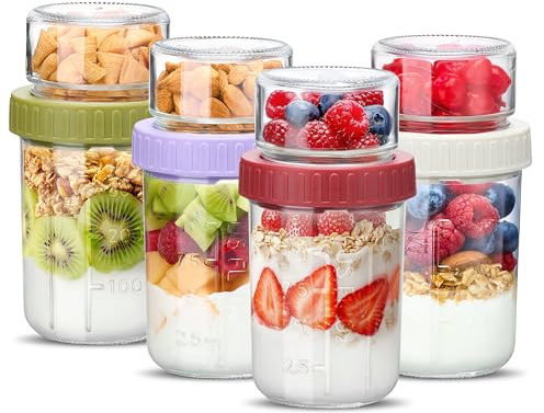 Danmu Art Glass Overnight Oats Jars with Lids, 480+150ml 4 Pack Dual-Layer Meal Prep Containers, Dry-Wet Separation Breakfast Pots for Yoghurt Parfait Chia Pudding Cereal, Mason Jar for Snacks Lunch