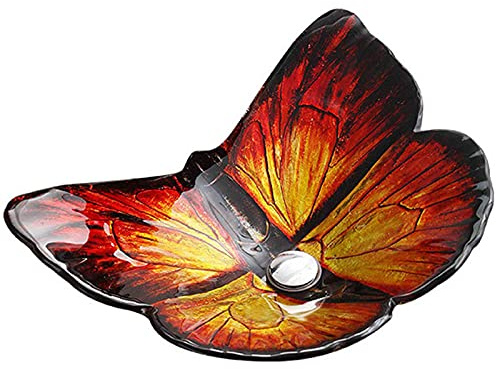 IYUESQ Bathroom Vessel Sink Set, Butterfly-shaped personalized Tempered Glass Washbasin,Countertop Bathroom Basin with Waterfall Faucet,Red-B