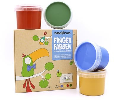 NEOGRÜN Bio-Fingerfarben 4er Set „Aki“ – pflanzenbasierte, natürliche Fingerfarben, vegan & NCP-zertifiziert, 4×120 g, rot, gelb, grün, blau
