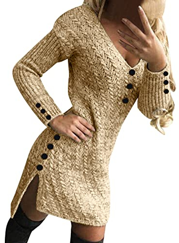 Klänning dam vinter kort stickad klänning med v-ringad dam omlottklänning bodycon långärmad tröjklänning med flätmönster och knappar tröja klänning enfärgad med slits miniklänning tjock varm