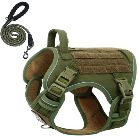 BUMBIN Tactical Dog Harness with Laesh Set，No-Pull Service Fit Smart Dog Vest with Hook & Loop Panels,Adjustable Dog Vest Harness with Handle Green L