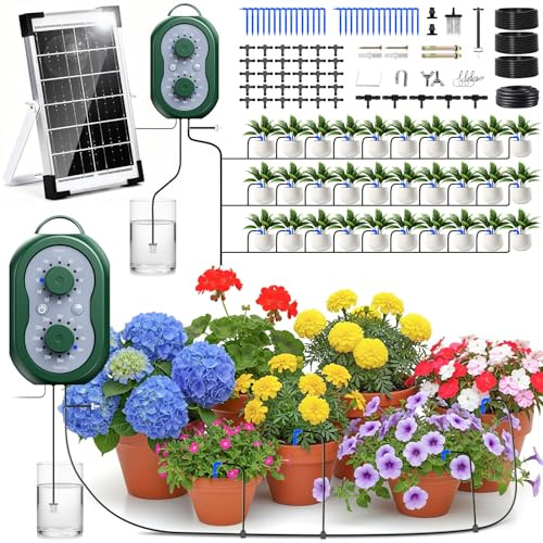 Kit di Irrigazione Automatica Solar, Innaffiare 30 Piante in Vacanza, Sistemi di Irrigazione Automatico con Timer + Tubo Flessibile da 35M per Giardin, Balcone, Piante in vaso