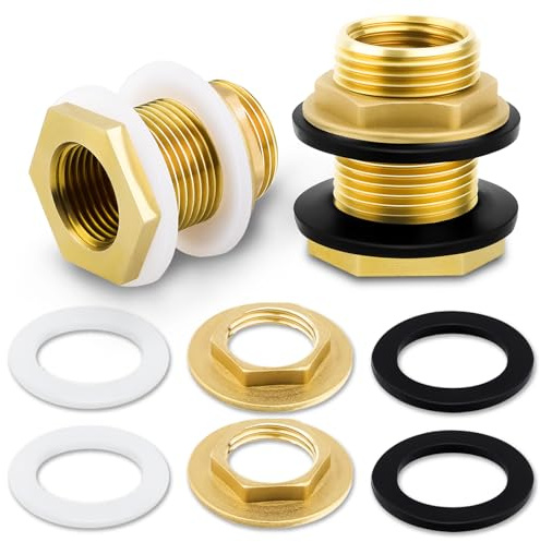 2 Pack Brass Bulkhead Fitting - 3/4 NPT Female Thread to 1 Male Thread Bulkhead Connector, Water Tank Bulkhead Fitting 1.5 Length for Rain Barrel, Plastic Water Towers & Garden Hose Adapter