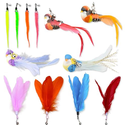 JNYUTEEN 12 Pièces Remplacement Jouet à Plumes pour Chat, Plumets à Clochette pour Canne à Pêche, Jouets Interactifs Plume pour Chat Accessoires de Remplacement