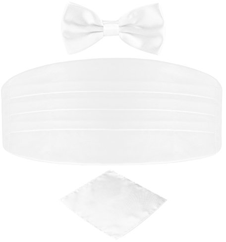 DonDon set di 3 pezzi da uomo, contenente fascia da smoking, papillon e fazzoletto da taschino, tutti dello stesso colore per occasioni festive - bianco