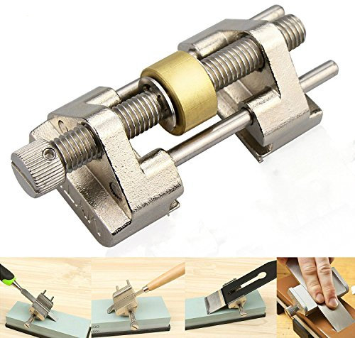 Candora Guide d'affûtage - En acier inoxydable - Serrage sur le côté - Angle fixe - Avec rouleau en laiton pour ciseaux à bois, lame de rabot, burin plat