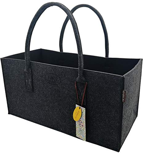 RAIKOU NEU Filztasche Shopper Holzkorb Einkaufstasche Henkeltasche Zeitungskorb Stabile Kaminholztasche Zeitungsständer auch für Spielzeug Garten Picknick Strand (Anthrazit/Schwarz,50 * 34 * 27cm)