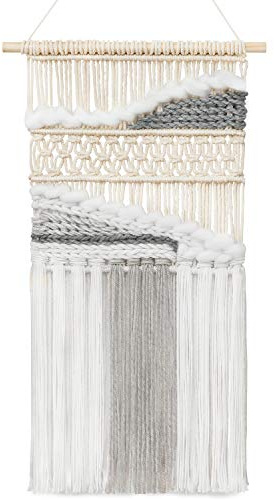 Mkono Macrame Wall Hanging Woven Boho Decor Gray Yarn Fringe Tassel Handmade Home Decoration for Bedroom Living Room Dorm Nursery Apartment, 12''W x 24.5''L
