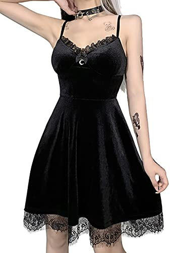 DINGJIUYAN Gothic Sexy Mini Sling Kleid Frauen Spaghetti Schultergurt V Ausschnitt Swing Kleid Halloween Lolita Party Kleider, Moon Dress Black, M