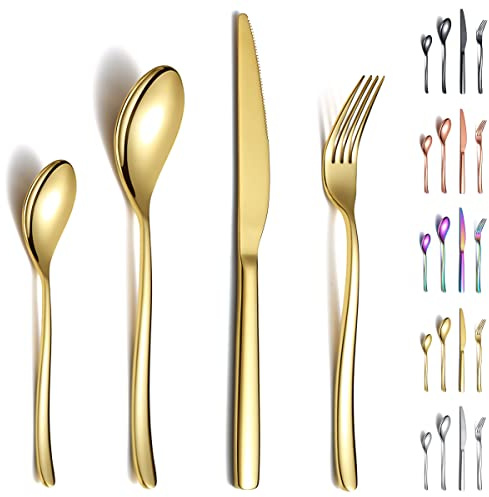 Berglander Set di posate in oro 24 pezzi, robusto acciaio inossidabile placcato in titanio Set di posate dorate antiruggine, forchette e cucchiai lavabili in lavastoviglie