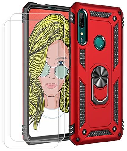 Joytag kompatibel Coque Huawei P Smart Z,Etui + Verre Trempé[2 Pièces] magnétique Support Armure Robuste Antichoc Silicone TPU 360 degré Cas de téléphone de Voiture Bumper-Rouge