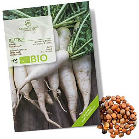 BIO Rettich Samen (Japanischer Daikon, 50 Korn) - Rettich Saatgut aus biologischem Anbau ideal für die Anzucht im Garten, Balkon oder Terrasse