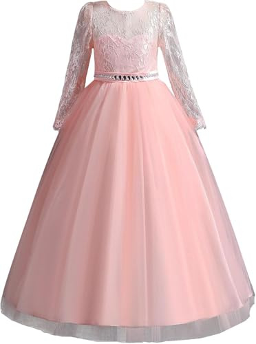 M MUNCASO Lace Long Sleeve Princess Dress, Flower Girls Lace Dresses, First Communion Pageant Dresses, Flower Girl Dress for Christmas Party,Birthday, Party, Carnival (Pink, 9-10 Years)