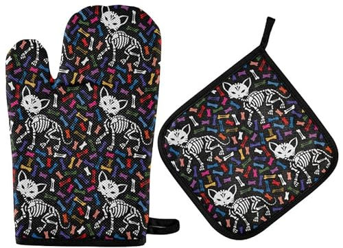 Halloween Cat Bone Oven Mitts Pot Holder Set Mexican Skelton Kitchen Decor Cooking Stove Gloves Heat Resistant Hot Pads Recycled for BBQ Baking Grilling
