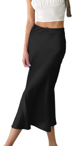 EMOTTOS Jupe Longue pour Femmes, Hanche Enveloppante Jupes Culotte Taille Haute en Satin, A Line Jupe Longue Féminine Décontractée de Haute Qualité avec Fermeture Éclair, M, Noir