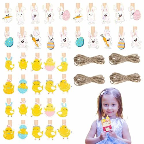 Mini Pinces Déco，Décoration Arbre de Pâques – Ensemble de Pinces à Linge Mini Lapins en Bois pour Table de Fête, Idéal pour Déco Table Pâques