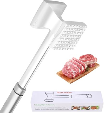Bixury Batticarne 27cm Batticarne Acciaio Inox Batticarne a Martello Batti Carne da Cucina Tenderizer Martello per Carne Doppia Faccia Argento per Bistecca Manzo Pollo Maiale bistecche