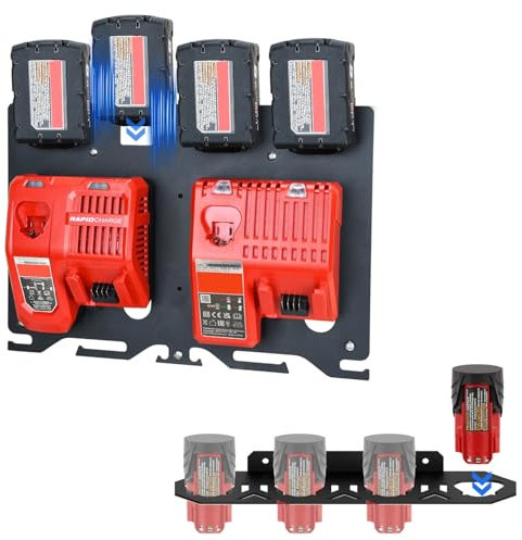 Soporte de pared de metal 3 en 1 para cargadores, baterías y taladros Milwaukee. Compatible con cargadores DFC M12-18C/M12-18FC/M18 para baterías Milwaukee M12 de 12 V y M18 de 18 V