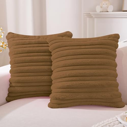 YSTELLAA Housse De Coussin Douce, Lot De 2, 45 x 45 cm, Café Clair | Carrée En Fausse Fourrure À Rayures, Cushion Covers Décoration Intérieure Pour Maison, Salon Et Chambre