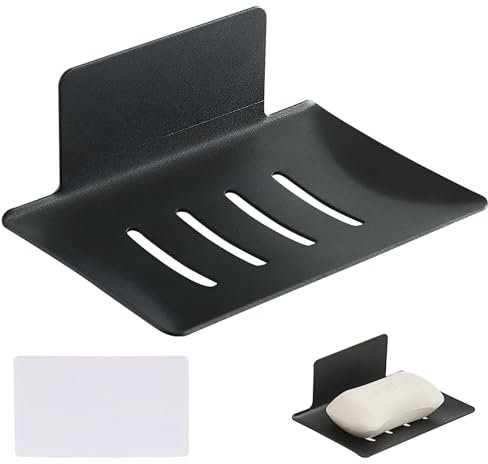 Porte-savon noir - 1 porte-savon sans perçage - Robuste - Avec montage autocollant (12,2 x 8,2 cm, acier au carbone, noir) - Rangement hygiénique des morceaux de savon