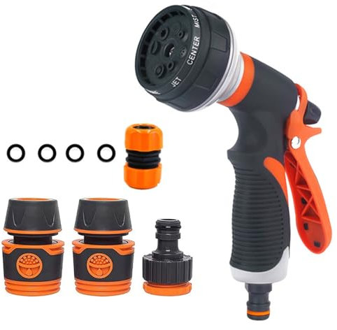 Garden Hose Pipe Spray Gun Set, 8 Adjustable Patterns Hose Nozzle, High Pressure Anti-Leaking Hose Spray Gun with Hose Pipe Connectors for Watering Plants and Lawns Washing Cars and Pets