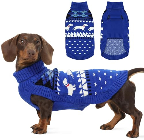 Hjyokuso Dachshund Jumper XS, Cute Dog Sweater with Dachshunds Pattern, Soft Fleece Dog Coat, Turtleneck Pullover for Small Dogs, Cosy Autumn Winter Gift Blue