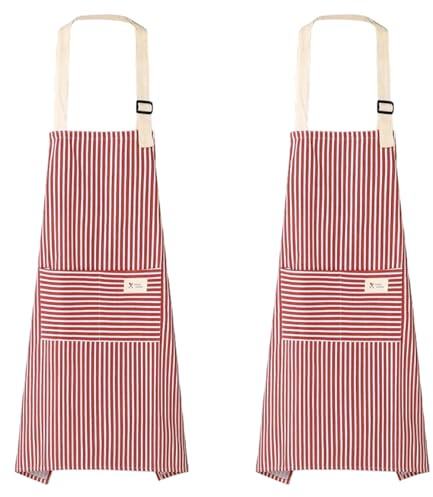 YSDINK 2-pack unisex randigt förkläde med justerbara remmar, bomullsdukförkläde med 2 fickor för matlagning, bakning, grillning, trädgårdsarbete och hemrengöring, perfekt för kockar och hementusiaster
