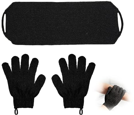 Gant Exfoliant Corps Set, 2 Pièces de Gants Exfoliants et 1 Pièces de Sangle Lave Dos Brosse Pour le Dos Douche Accessoire pour une Exfoliation Peau Douce Rafraîchie Pour douche spa massage(Noir)