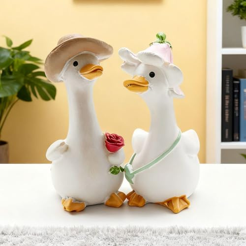 Paar Enten Figuren Deko Innen Outdoor, Modern Tier Statue Dekoration für Balkon Garten Miniteich Wohnzimmer, Harz Gartendeko für Draußen Wetterfest, Geschenk für Ostern Valentinstag Geburtstag Deko